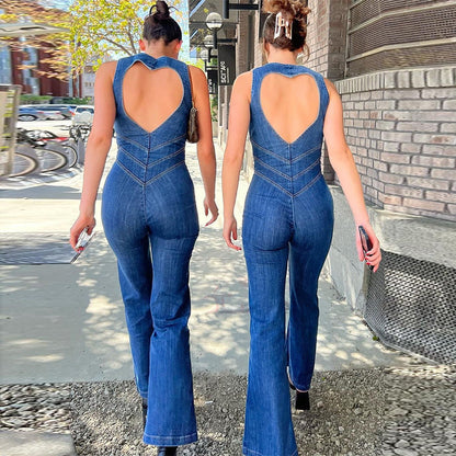 Damen Denim-Jumpsuit mit Herz-Ausschnitt – Figurbetonte Streetwear für den Alltag