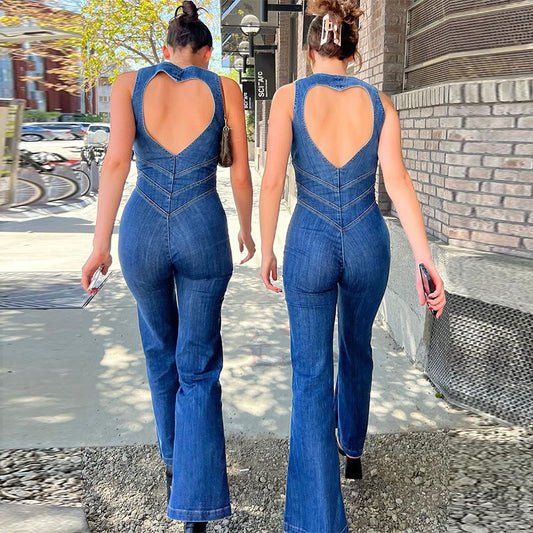 Damen Denim-Jumpsuit mit Herz-Ausschnitt – Figurbetonte Streetwear für den Alltag