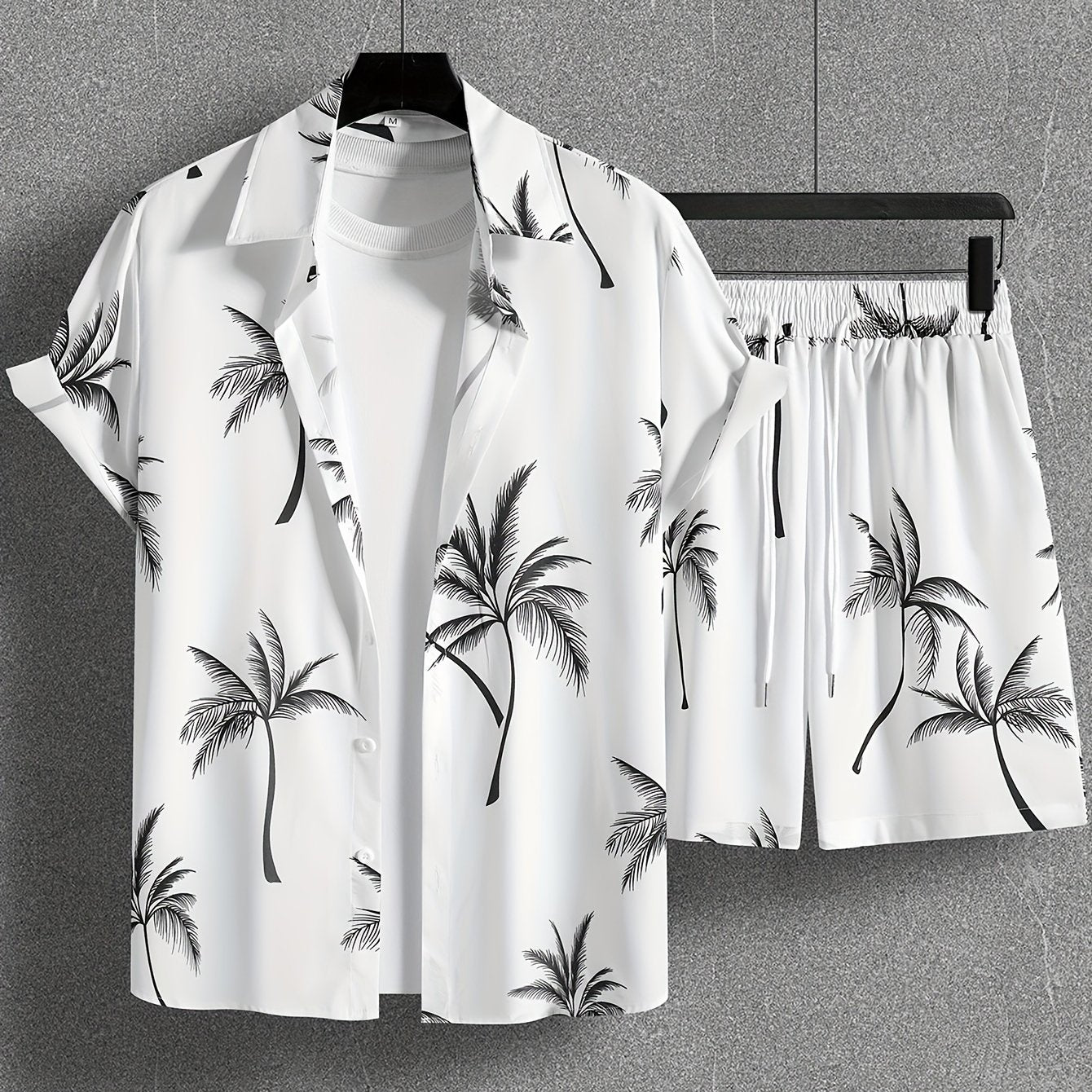Herren Strand Outfit Zweiteiler mit Palmenmuster – Freizeit Hemd und Shorts Set