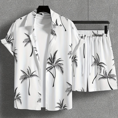 Herren Strand Outfit Zweiteiler mit Palmenmuster – Freizeit Hemd und Shorts Set