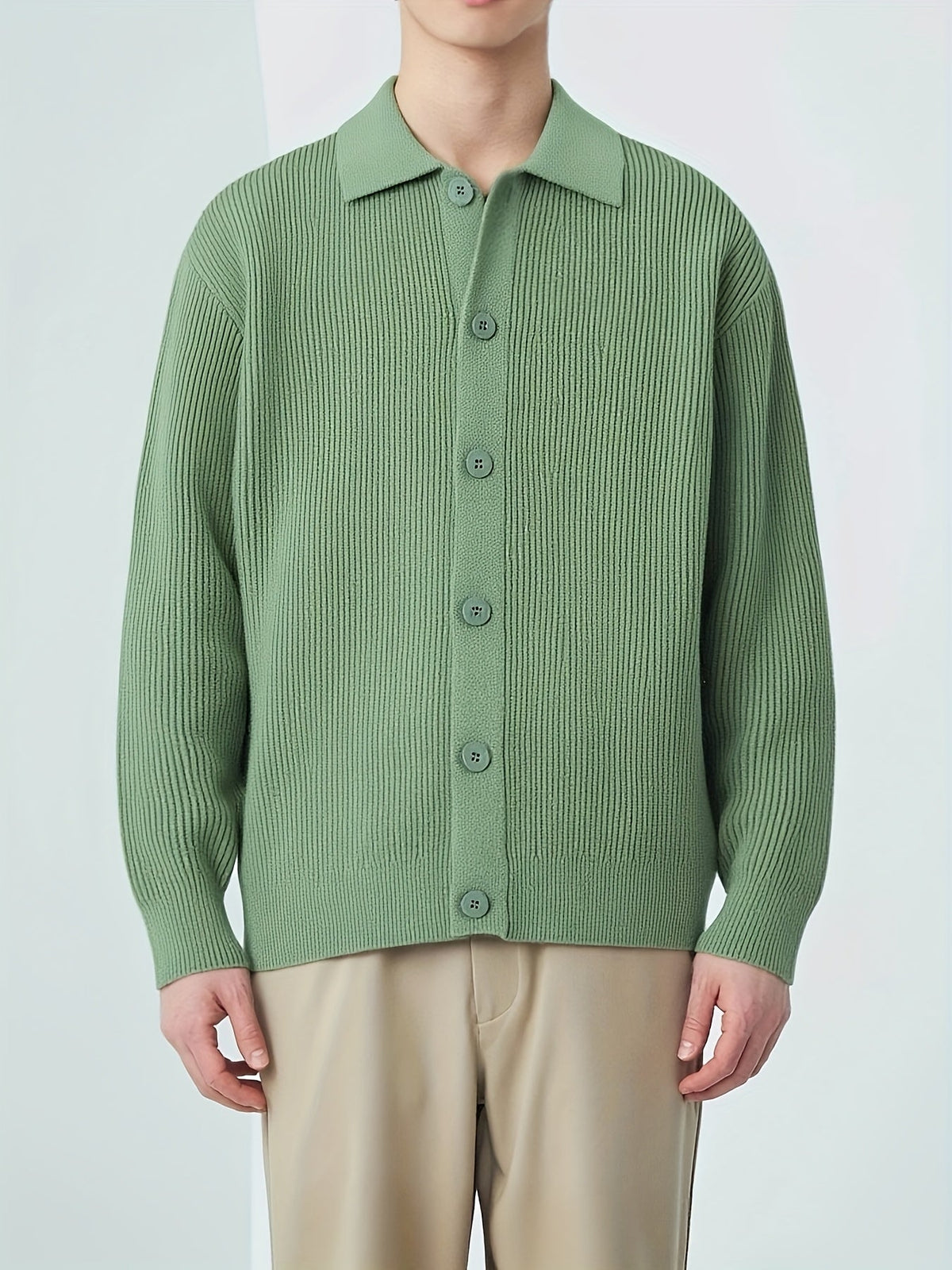 Gerippte Strickjacke mit Kragen für Herren – Beige, Schwarz, Grün