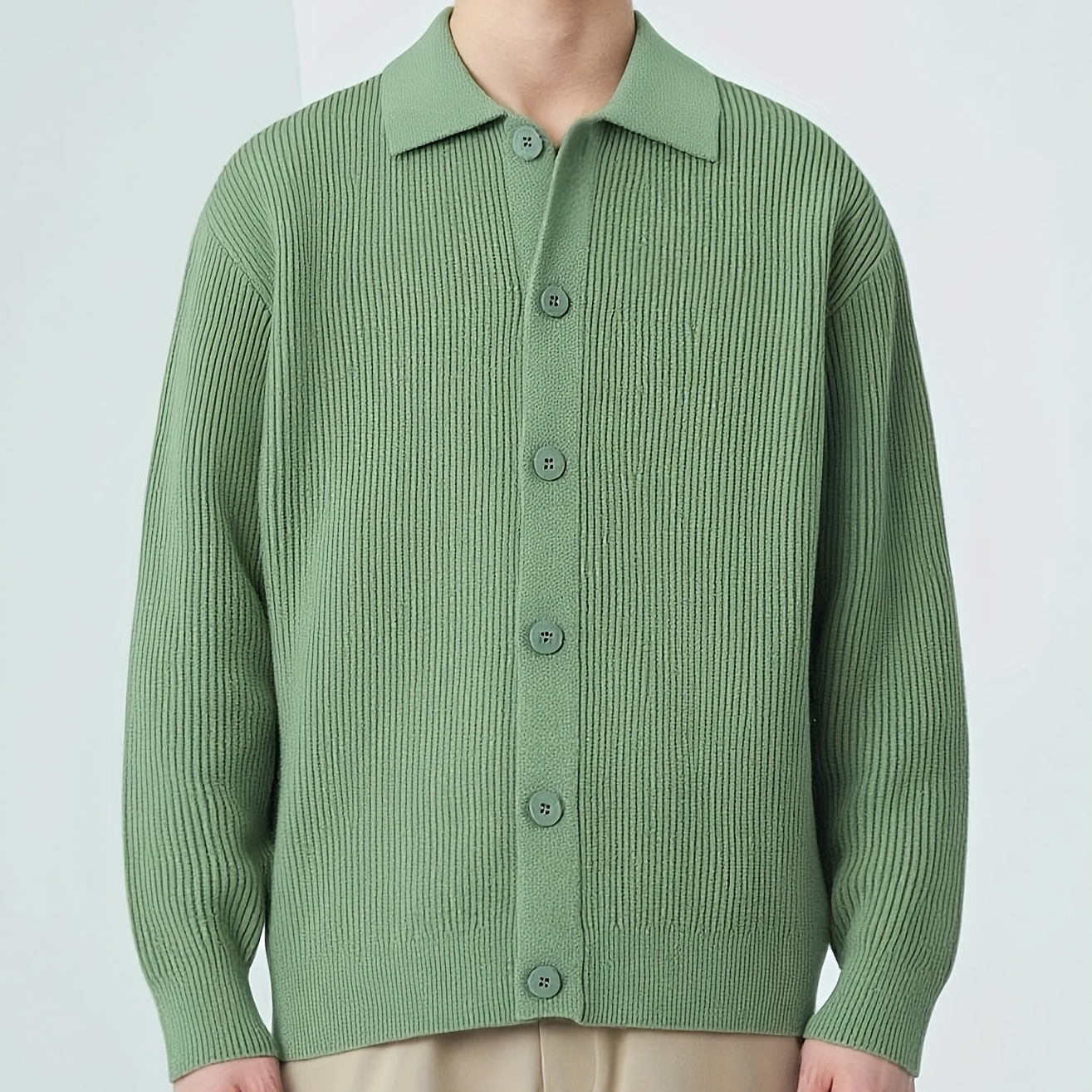 Gerippte Strickjacke mit Kragen für Herren – Beige, Schwarz, Grün