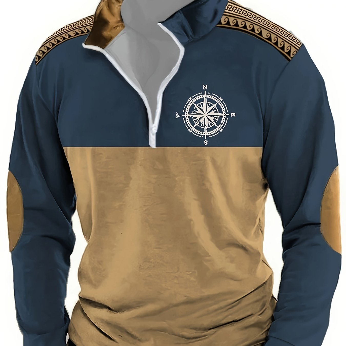 Herren Halbarm-Pullover mit Reißverschluss, Kompass-Motiv & Ellbogen-Patches, Zweifarbig