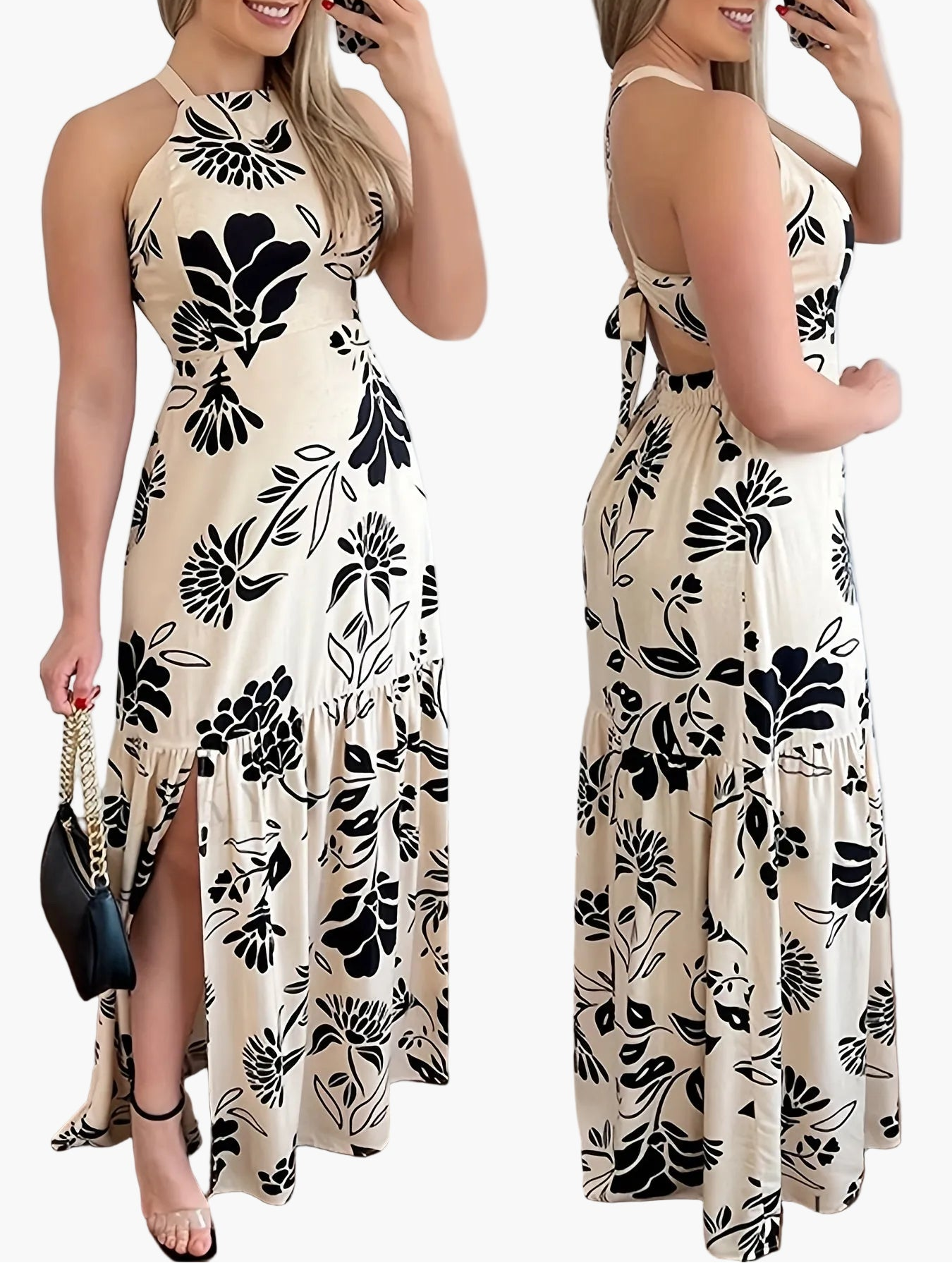 Damen Maxikleid Elegant Rückenfrei Fit & Flare für Strand und Sommerfeste