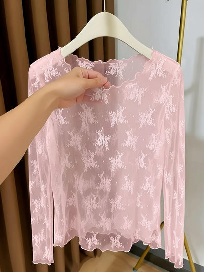 Damen Langarm-Spitzenshirt mit floraler Stickerei und transparentem Design – Elegantes Oberteil für besondere Anlässe