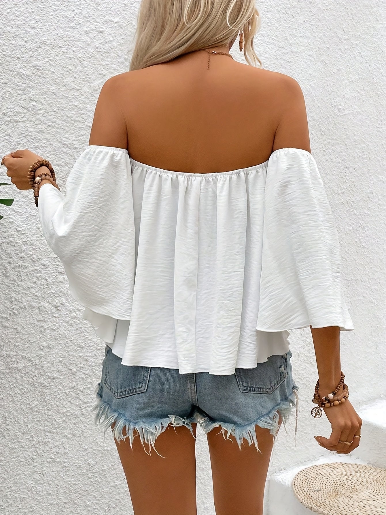 Damen Off-Shoulder Bluse mit Weiten Ärmeln – Eleganter Boho-Style, Ideal für Urlaub und Freizeit
