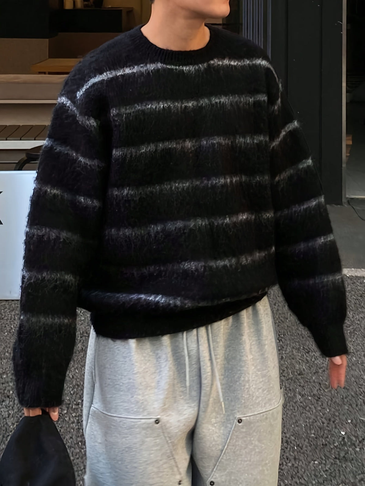 Herren Pullover Rundhals Schwarz Gestreift Flauschig Langarm
