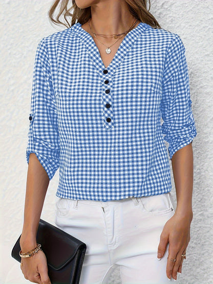 Damen Casual Karo Bluse mit Knopfleiste und 3/4-Ärmeln – Perfekt für Alltag & Büro