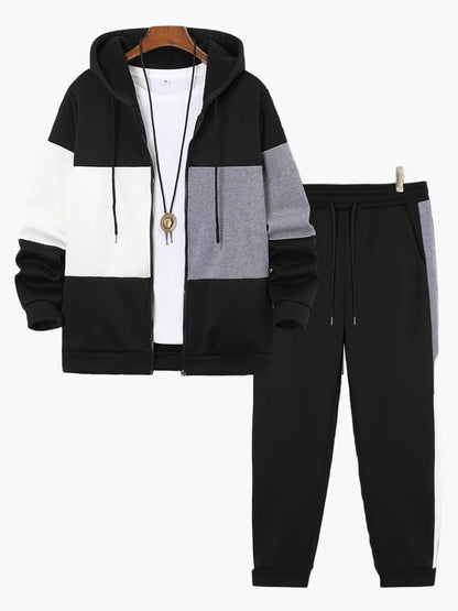 Herren Trainingsanzug Set mit Kapuzenjacke – Patchwork, Casual, Sport & Freizeit