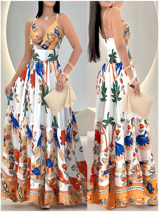 Damen Maxikleid mit tropischem Print und Volantrock – Elegantes Boho Sommerkleid für besondere Anlässe