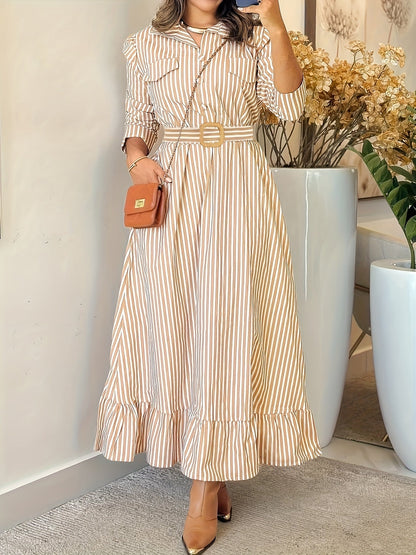 Damen Maxikleid Hemdblusenkleid gestreift Langarm Rüschensaum Weiß Braun