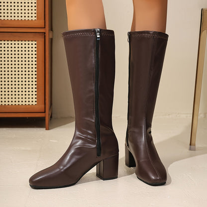 Damen Stiefel Kniehoch Braun mit Blockabsatz Spitz zulaufend und Reißverschluss