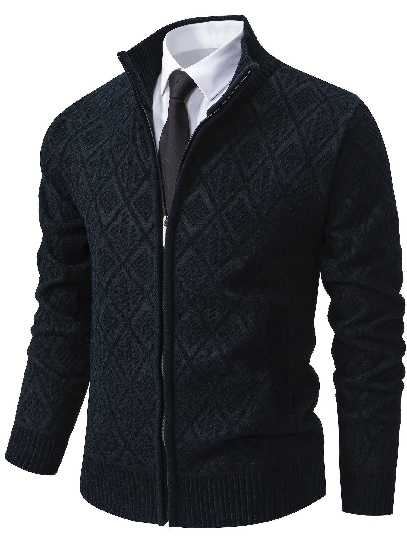 Herren Strickjacke Rautenmuster Stehkragen Reißverschluss Feinstrick Casual