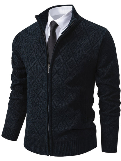 Herren Strickjacke Rautenmuster Stehkragen Reißverschluss Feinstrick Casual