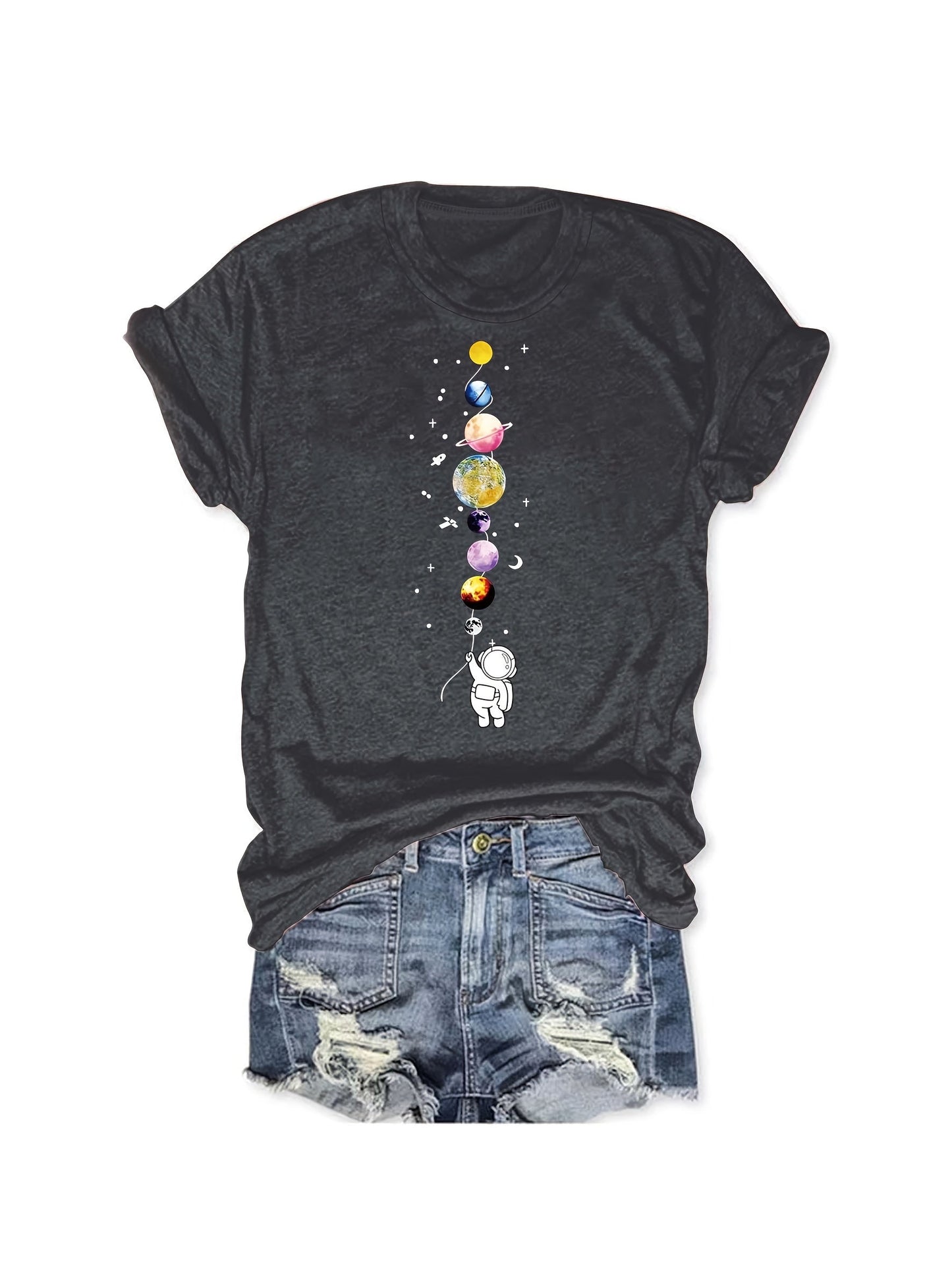 Damen T-Shirt mit Astronaut und Planeten Grafik – Stilvolles Freizeitshirt für Weltraumfans