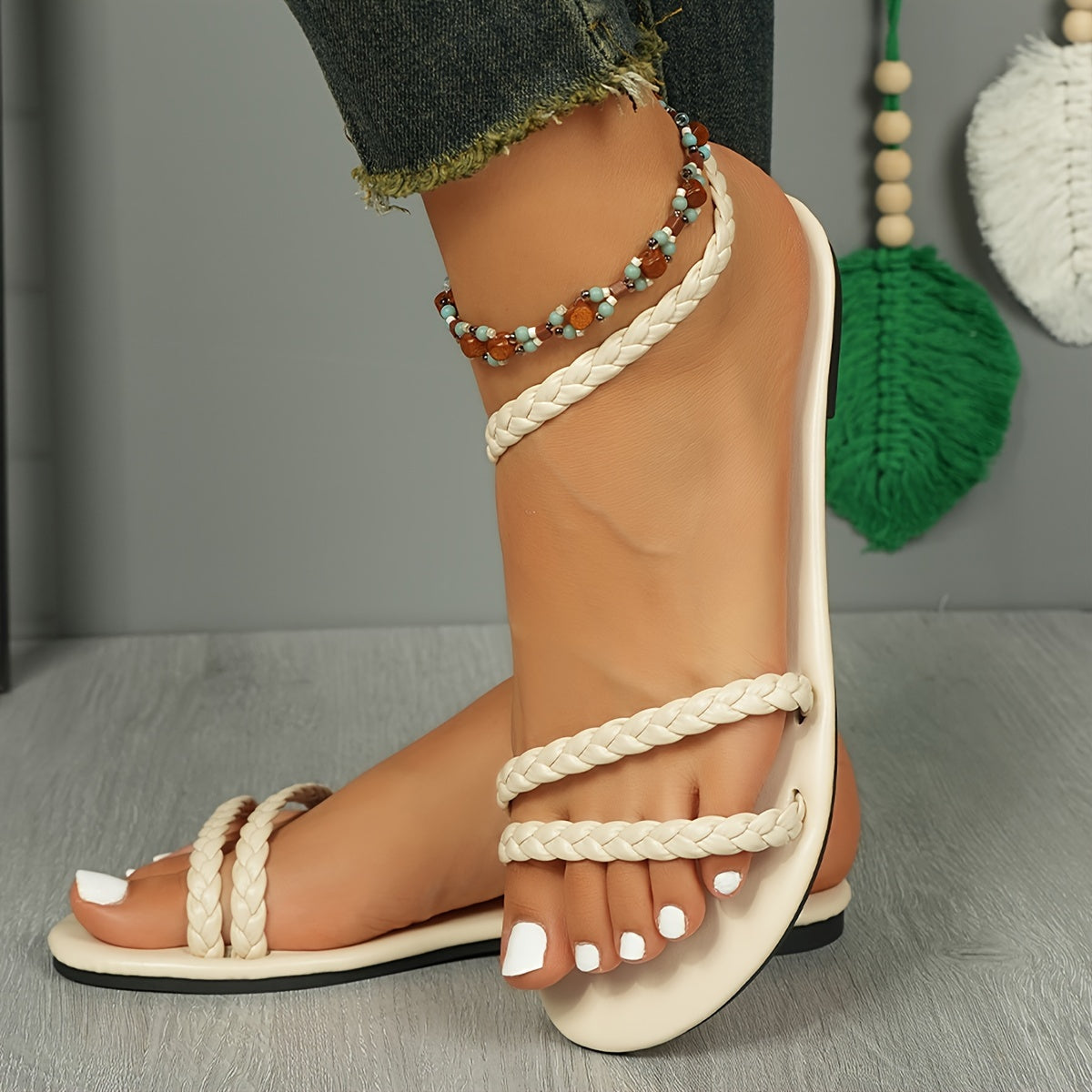 Damen Geflochtene Flachsandalen – Elegante Sommer-Strandschuhe im Boho-Stil
