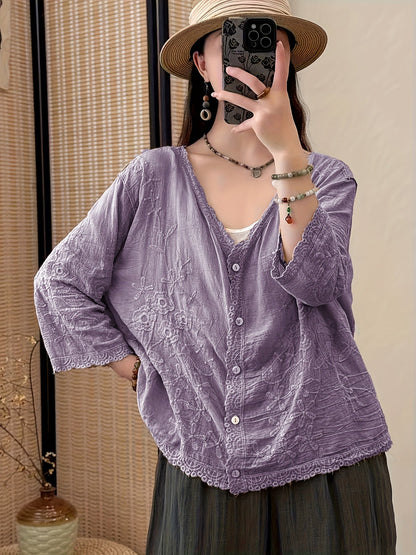 Damen Kurzarm Bluse mit V-Ausschnitt, Stickerei & Spitzenbesatz, Knopfleiste