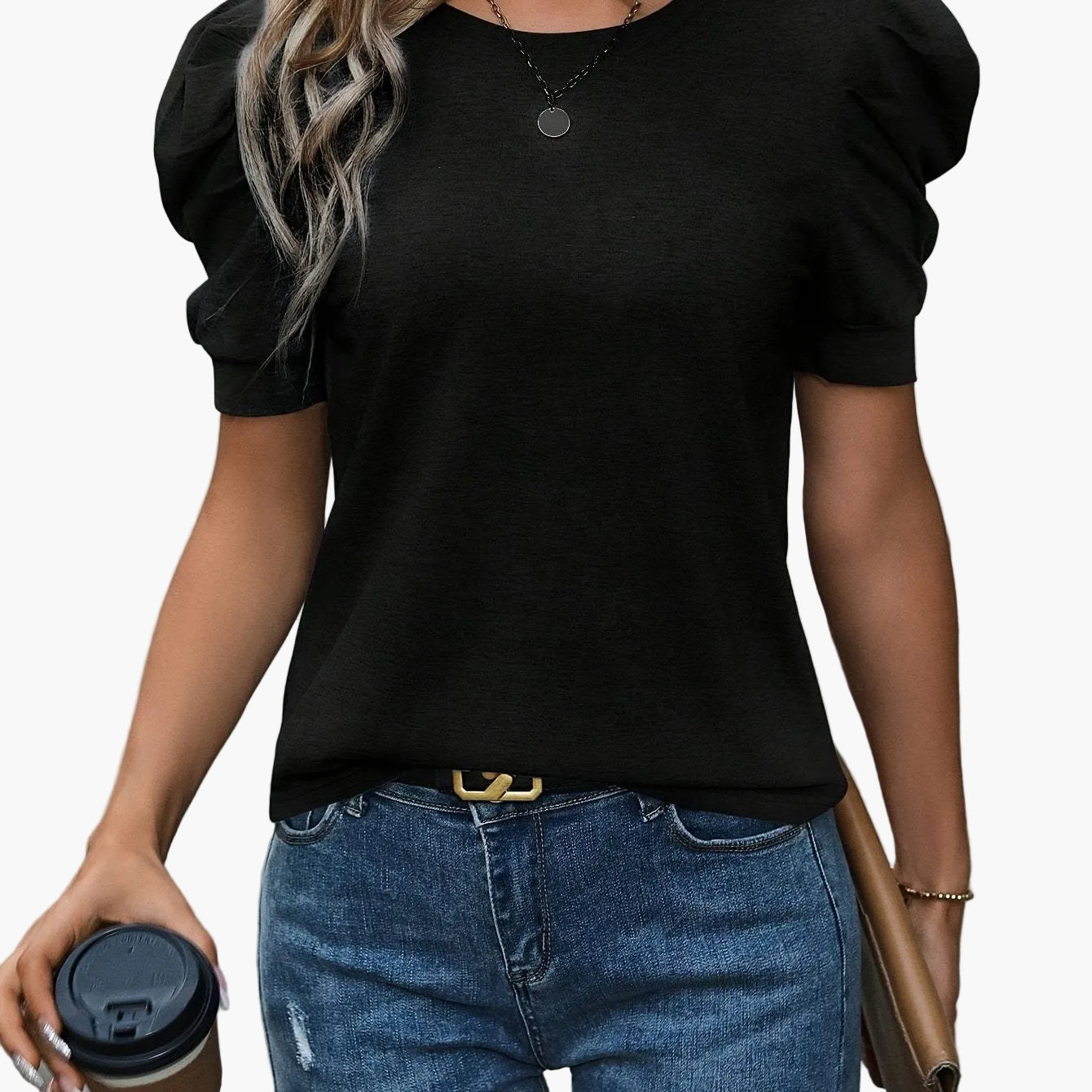 Damen Elegantes T-Shirt mit Puffärmeln für Alltag und Freizeit