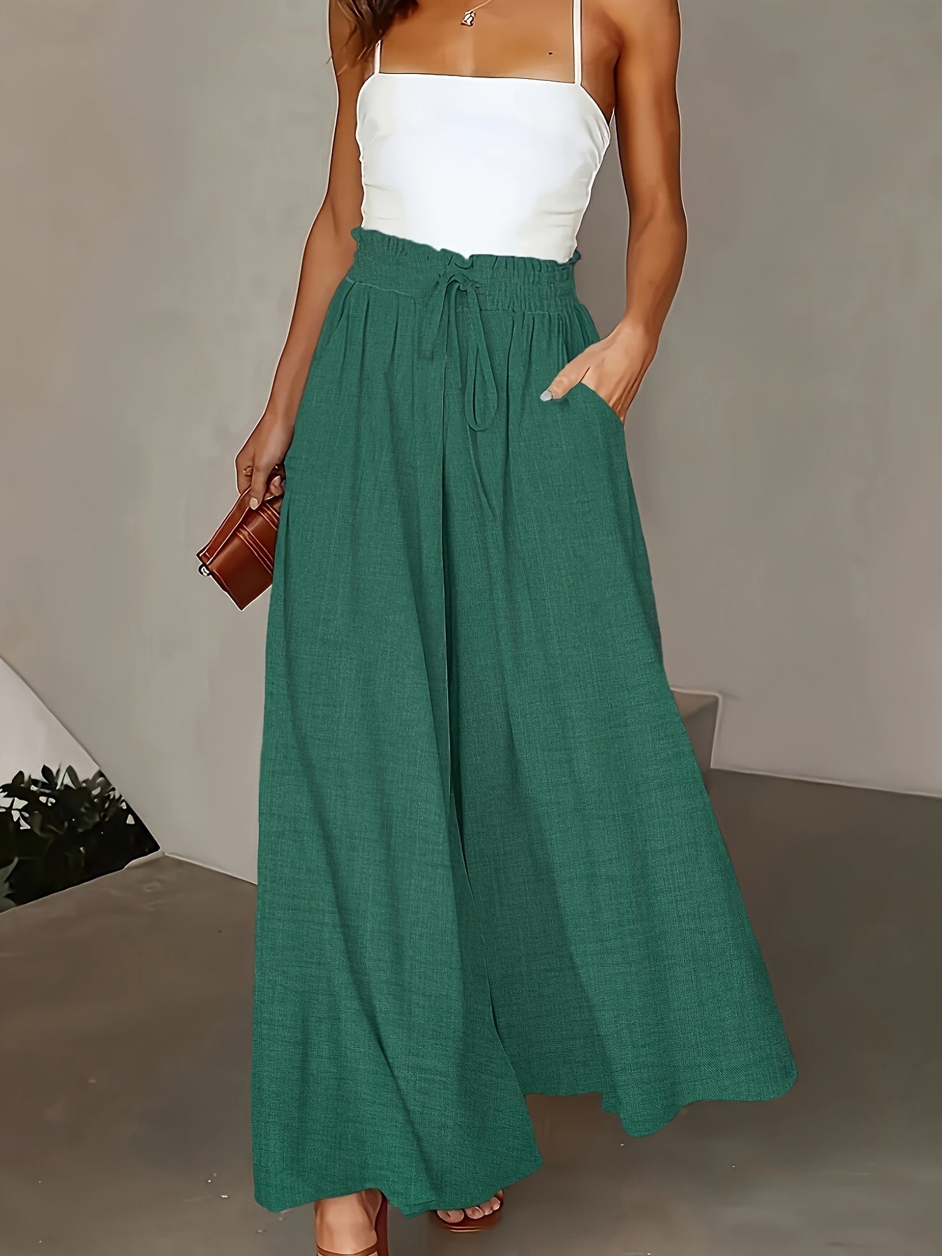 Damen Elegante Weite High-Waist Palazzo Hose mit Kordelzug und Taschen – Perfekt für Freizeit und Büro