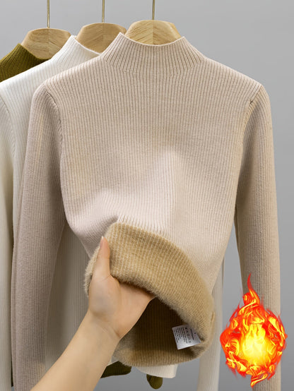 Damen Rippstrick Pullover Stehkragen mit flauschigem Innenfutter Beige