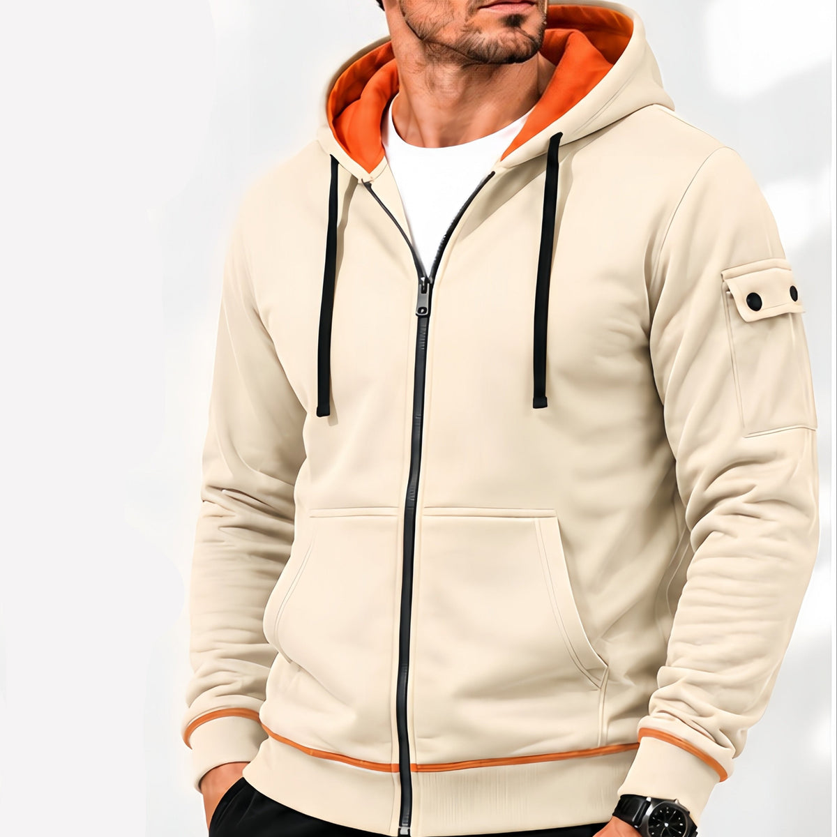 Herren Kapuzenjacke mit Reißverschluss und Kontrastfutter, Ärmeltasche