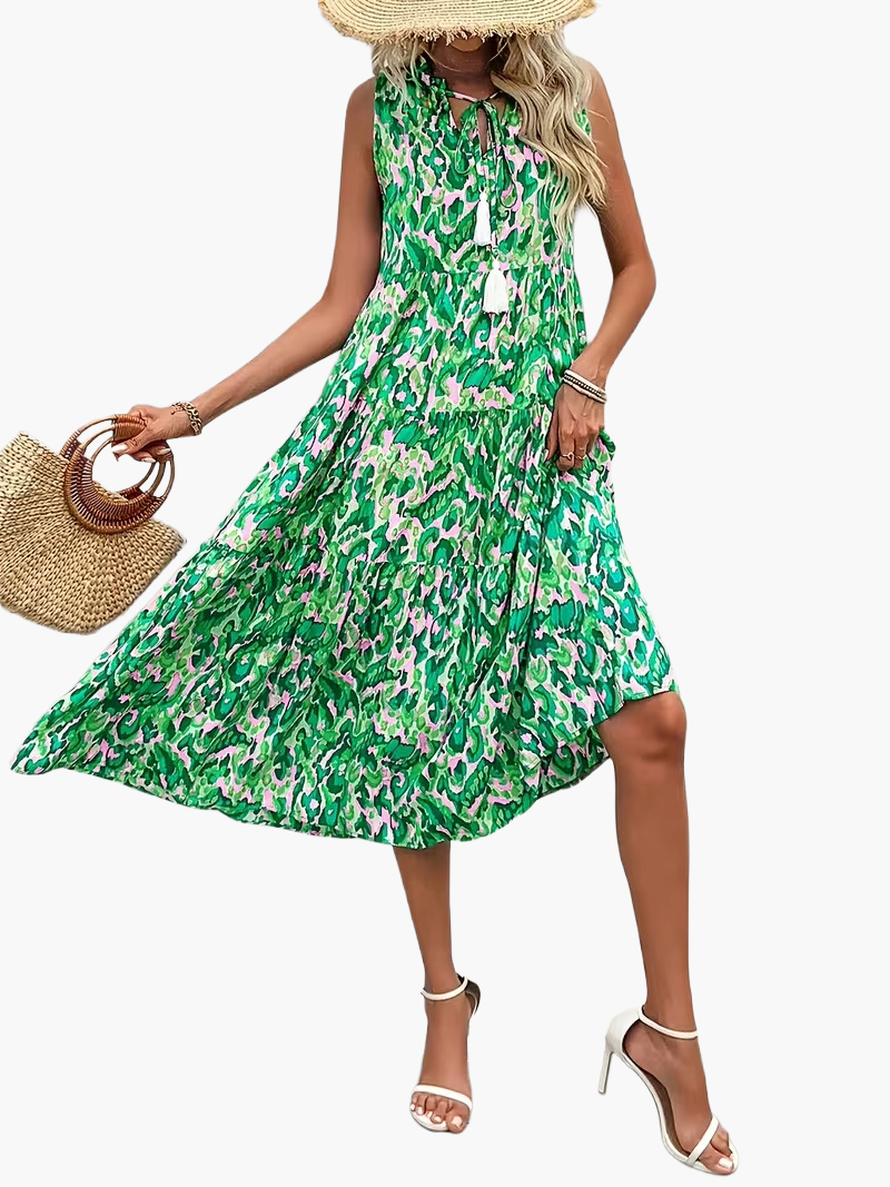Damen Sommerkleid Elegant Boho Style Ärmellos Midi Freizeitkleid mit Kordel und Quasten