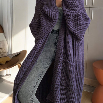 Damen Oversize Strick-Cardigan Lang Offene Front mit Taschen – Lässiger Streetstyle