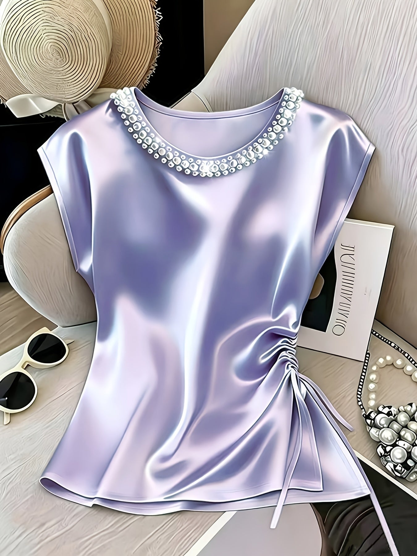 Damen Elegante Bluse mit Perlenkragen und Raffungsdetail – Stilvolles Kurzarm-Oberteil für festliche Anlässe oder Büro