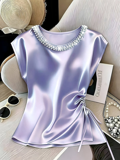 Damen Elegante Bluse mit Perlenkragen und Raffungsdetail – Stilvolles Kurzarm-Oberteil für festliche Anlässe oder Büro