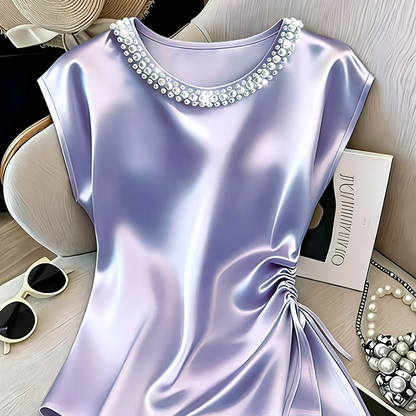 Damen Elegante Bluse mit Perlenkragen und Raffungsdetail – Stilvolles Kurzarm-Oberteil für festliche Anlässe oder Büro