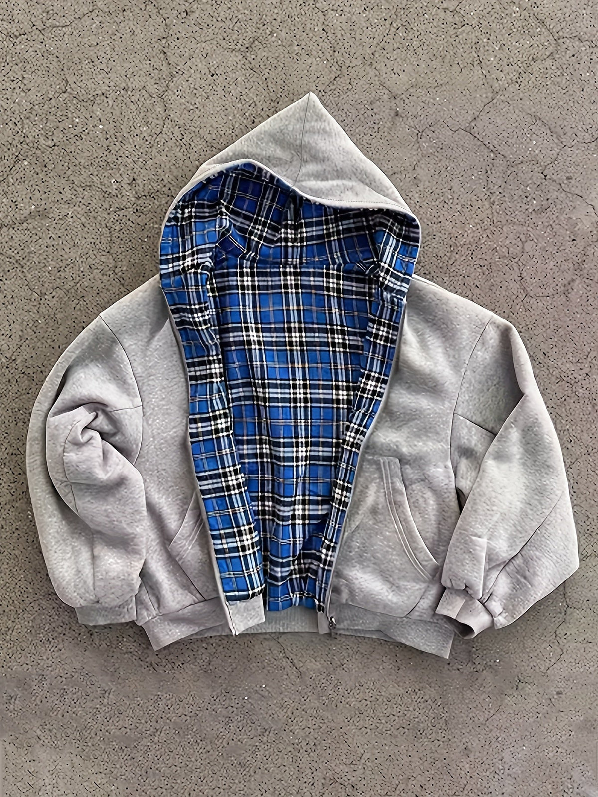 Unisex Reißverschluss-Hoodie Grau mit kariertem Futter, lässig