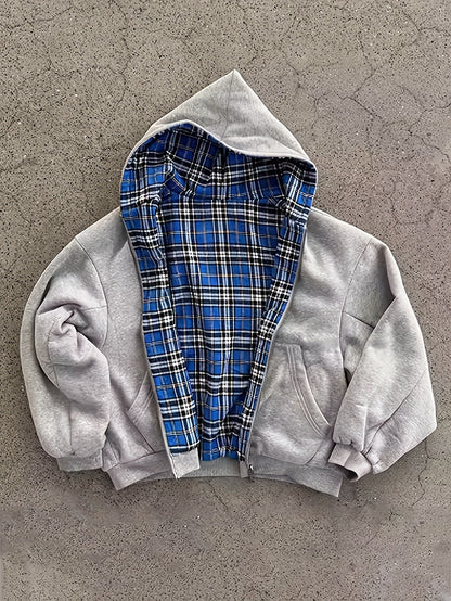 Unisex Reißverschluss-Hoodie Grau mit kariertem Futter, lässig