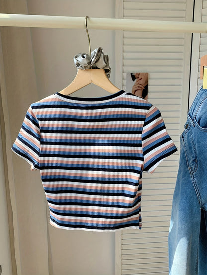 Damen Kurzarm Streifen T-Shirt – Retro Style für Alltag & Freizeit