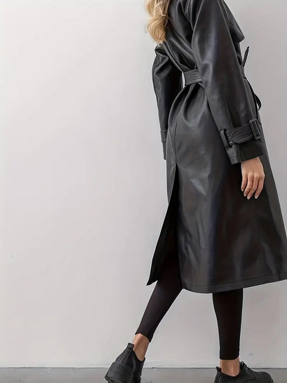 Damen Trenchcoat – Eleganter Veganem Leder-Look, Lang, Doppelreihig, Mit Taillengürtel, Stilvoll Für Herbst & Winter