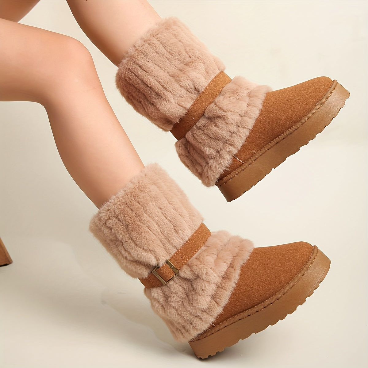 Damen Winterstiefeletten mit Kunstfell und Schnalle, Fesselhoch