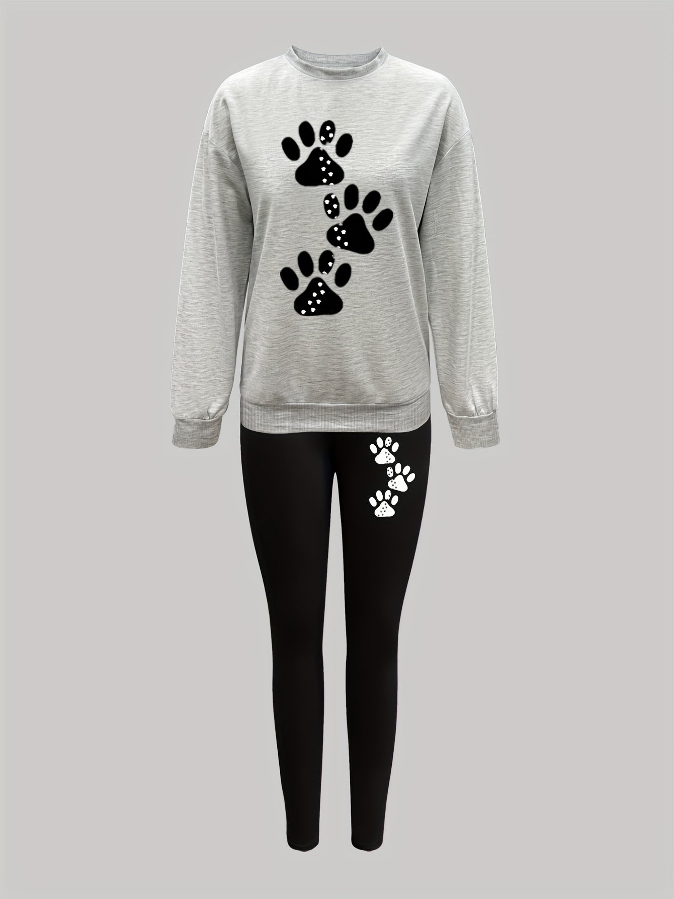 Damen Sweatshirt & Leggings Set mit Pfotenabdruck-Print, Langarm Oberteil und Hose