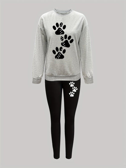 Damen Sweatshirt & Leggings Set mit Pfotenabdruck-Print, Langarm Oberteil und Hose