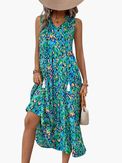 Damen Sommerkleid Elegant Boho Style Ärmellos Midi Freizeitkleid mit Kordel und Quasten