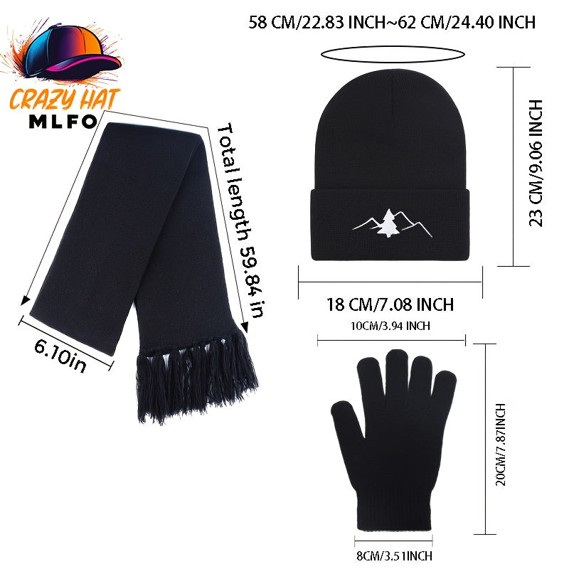 Mützen Schal Handschuh Set Unisex gerippt mit Stickerei