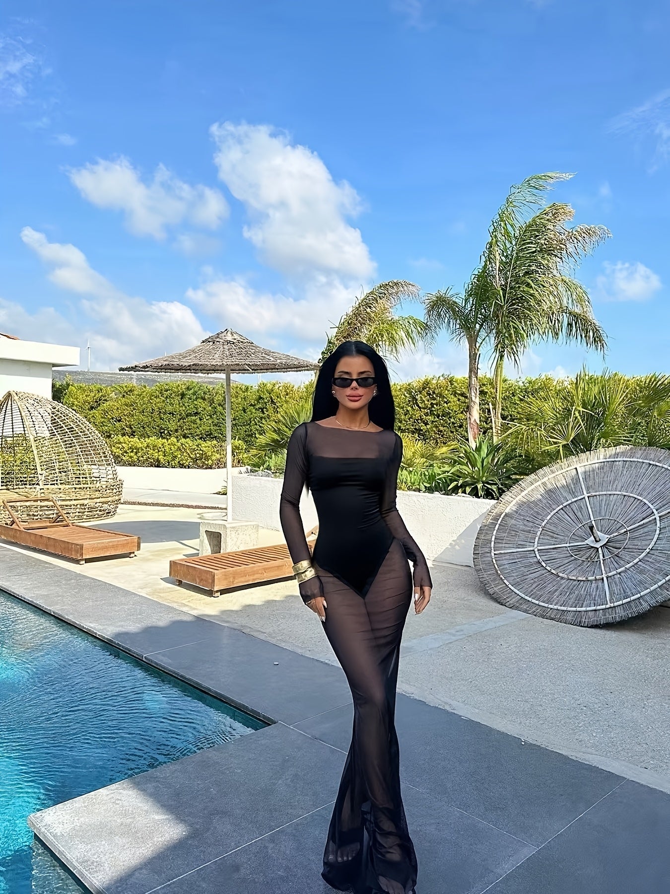 Damen Maxikleid Mesh Strand Cover-Up – Elegantes Figurbetontes Urlaubsoutfit