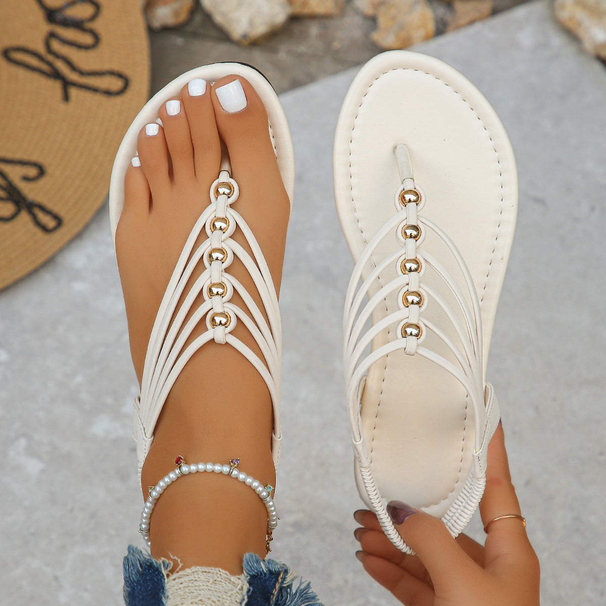 Damen Sandalen Flat Zehentrenner mit Schmuckperlen – Elegante Sommerschuhe für Urlaub & Alltag