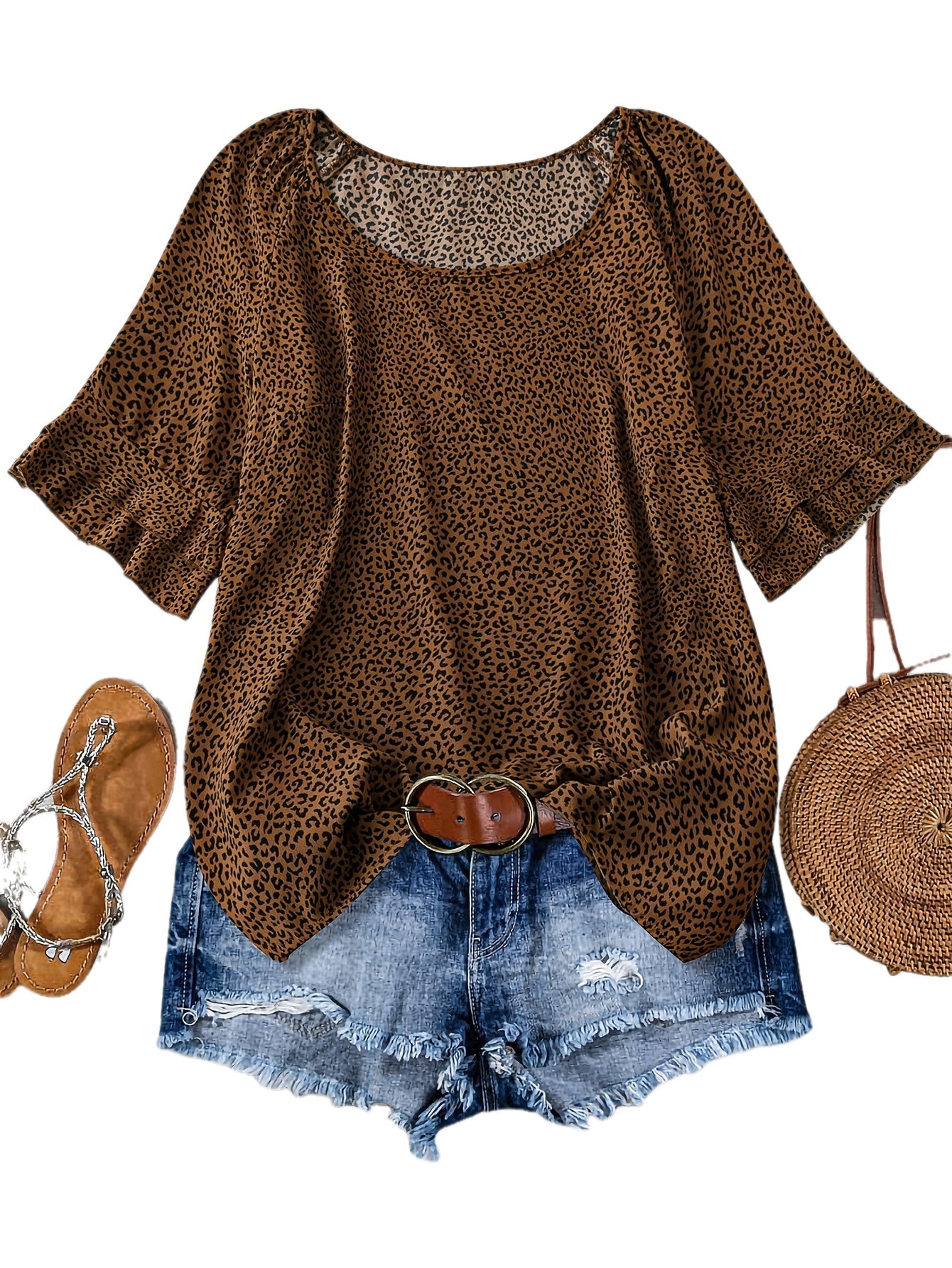Damen Leopard Print Bluse im Urlaubsstil mit Rüschen und Jeansshorts-Set – Perfekt für Sommer und Freizeit