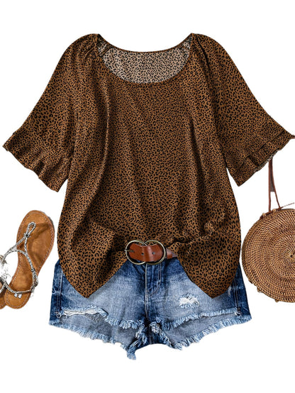 Damen Leopard Print Bluse im Urlaubsstil mit Rüschen und Jeansshorts-Set – Perfekt für Sommer und Freizeit