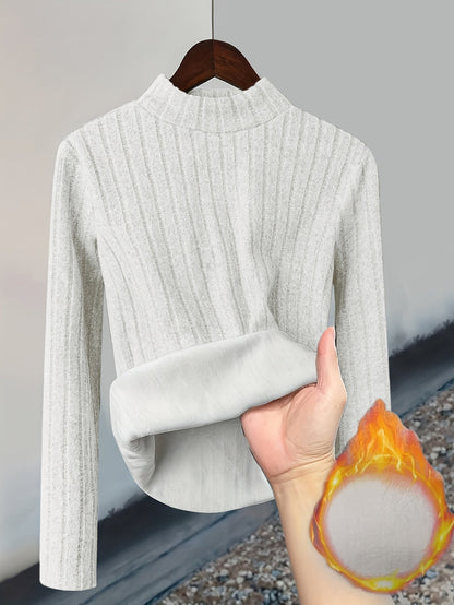 Damen Pullover Rippstrick Stehkragen Warme Fleecefütterung Langarm