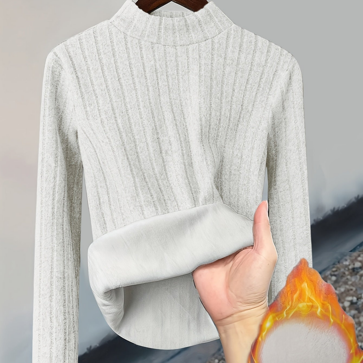Damen Pullover Rippstrick Stehkragen Warme Fleecefütterung Langarm