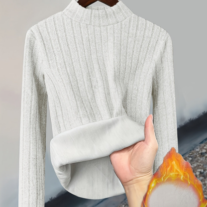 Damen Pullover Rippstrick Stehkragen Warme Fleecefütterung Langarm