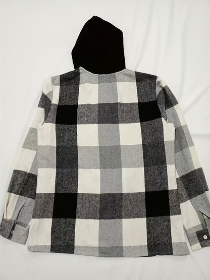 Herren Kariertes Hemdjacke mit Kapuze, Langarm, Knöpfen und Brusttasche