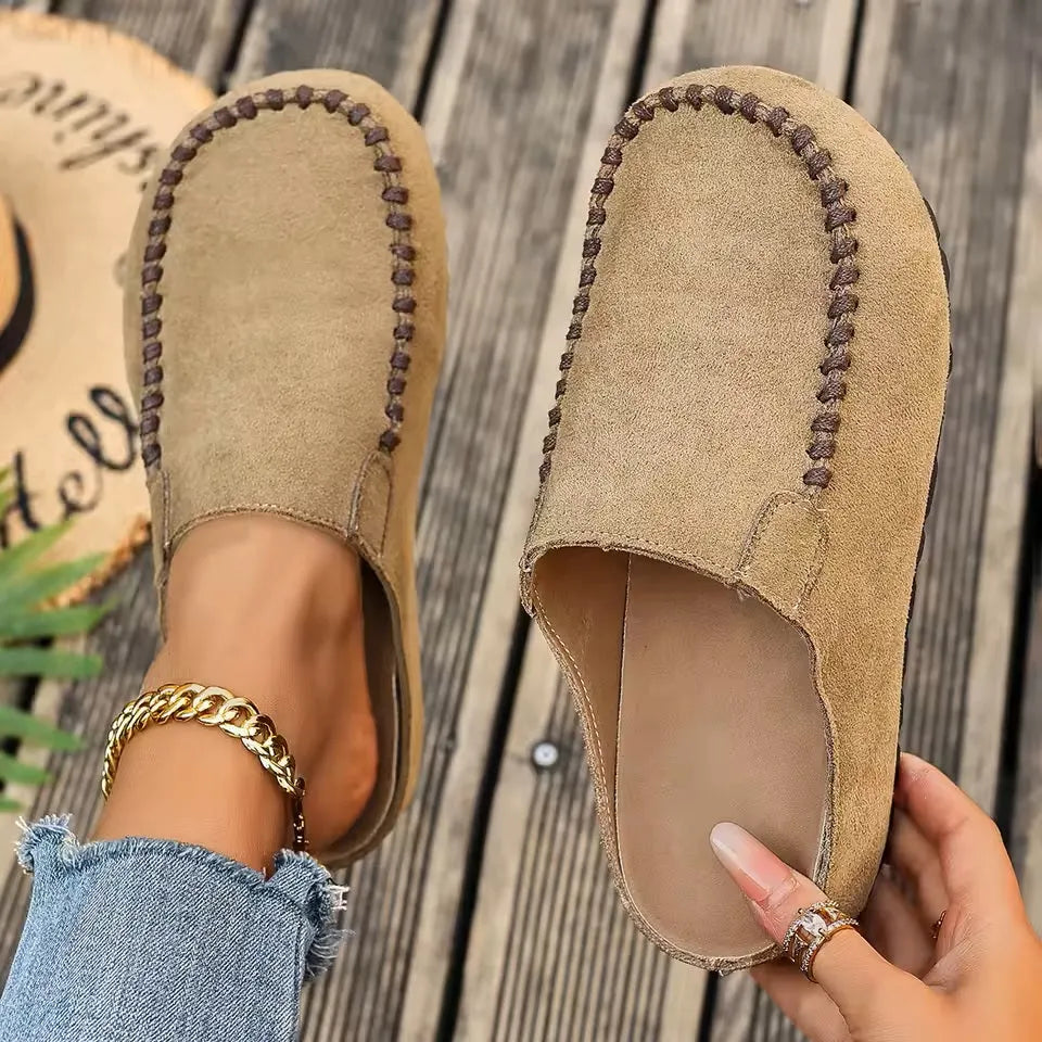 Damen Slipper Mules mit Ziernaht Komfortschuhe Braun