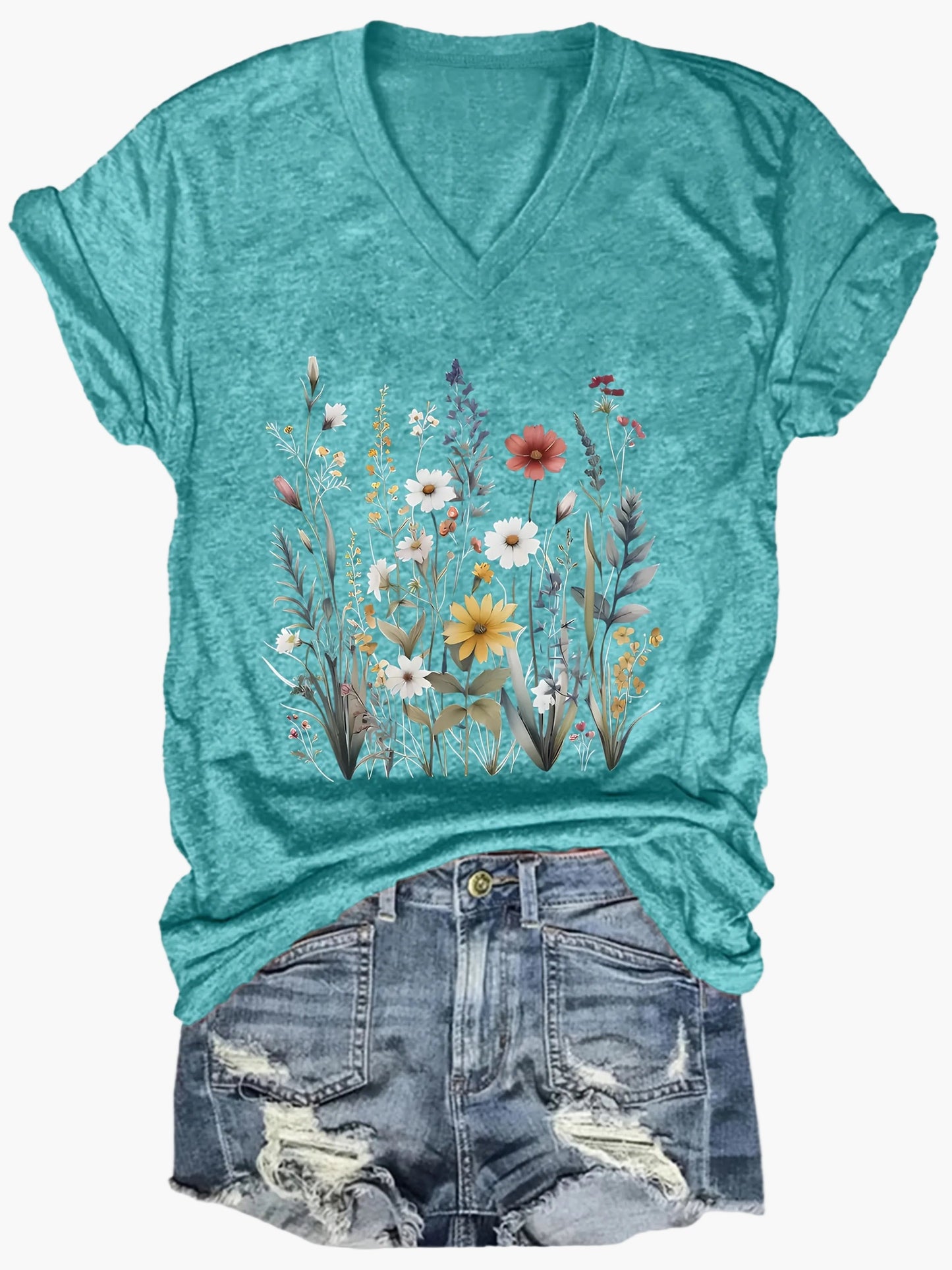 Damen Vintage Blumen T-Shirt mit V-Ausschnitt – Lässiges Sommer Oberteil im Boho-Stil
