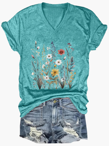 Damen Vintage Blumen T-Shirt mit V-Ausschnitt – Lässiges Sommer Oberteil im Boho-Stil